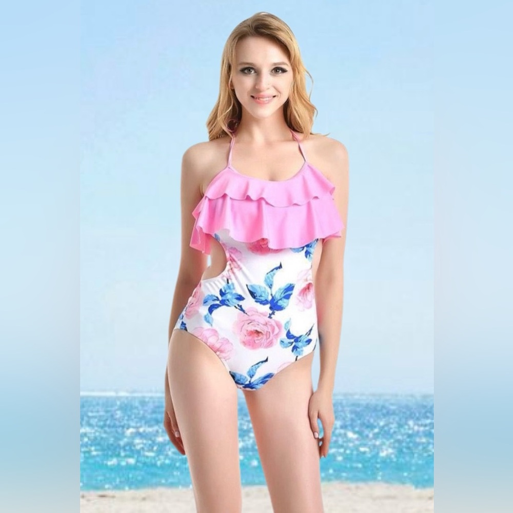 Pink Floral Ruffle One-Piece Swimsuit with Halter Neck in Sizes S, M, L, XL